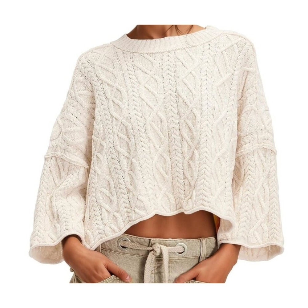 Free People Ashore XS Cream Cable Knit Oversized Cropped Sweater Ivory Crewneck - Picture 1 of 8